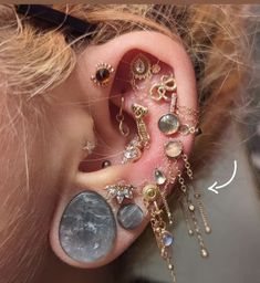 an ear with many different types of piercings on it