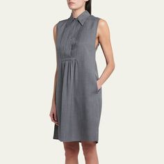 Jil Sander dress with a pintuck bib front Point collar; concealed half-button placket Sleeveless Side slip pockets Short length A-line silhouette Side slits Slipover style Acetate Made in Italy Pleated A-line Sleeveless Dress For Daywear, Classic Midi Dress With Placket For Daywear, Classic Sleeveless Shirt Dress For Work, Classic Sleeveless Dress With Pockets, Classic Semi-formal Dress With Box Pleat, Classic Sleeveless Pleated Dress, Classic Sleeveless Pleated Work Dress, Classic Sleeveless Pleated Dress For Work, Sleeveless Shirt Dress With Pockets For Daywear