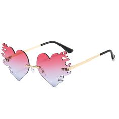 Red & Blue Melting Flame Heart Sunglasses Rimless Glasses Womens, Summer Multicolor Heart-shaped Sunglasses With Gradient Lenses, Heart-shaped Multicolor Sunglasses With Gradient Lenses, Red Rimless Sunglasses For Party, Gradient Lens Sunglasses As Gift, Heart-shaped Beach Sunglasses With Gradient Lenses, Red Rimless Sunglasses For Summer, Summer Gift Sunglasses, Flame Sunglasses, Flame Heart