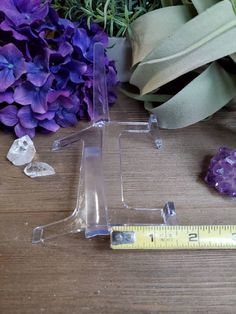 a purple flower sitting next to a ruler on a wooden table with flowers in the background