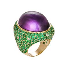 Amethyst, tsavorites, diamonds 14k gold cocktail ring. Amethyst cabochon statement ring. Color contrast amethyst, tsavorites ring. Massive amethyst gold ring. Details: - 14 kt solid gold: you can choose Yellow or White color. - Weight: 14 g. depends from size Gemstones: Natural amethyst: Approximately 30 carat, oval cabochon shape, purple-violet color. Natural tsavorites: Approximately 4.5 carat total, round cut, green color. Diamonds: Approximately 0.20 carat total, round brilliant cut, color - F, clarity - VS. Ring will be done for order. - Color, size and type of the stones could be changed on your choise and to fit your budget. - All custom-orders will be shipped between 3 to 4 weeks. - If you have any questions, please contact us. Vintage Cocktail Ring, Gold Cocktail Ring, Gold Cocktail, Gold And Silver Rings, Amethyst Gold, Orange Sapphire, Diamond Cocktail Rings, Cabochon Ring, Amethyst Jewelry