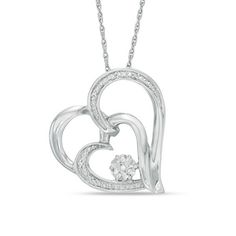 She'll adore the whimsical look of this beautiful tilted heart pendant. Created in sterling silver, this heart-within-a-heart design shimmers with diamond accents along both the larger and smaller outline. Nestled at the center, a diamond accent composite is artfully set to enhance size and sparkle. Buffed to a brilliant luster, this pendant suspends slightly askew along an 18.0-inch rope chain that secures with a spring-ring clasp. Diamond White Sterling Silver Heart Necklace For Valentine's Day, Diamond White Heart Pendant Necklace For Mother's Day, Diamond White Heart Necklace With Heart Charm, Valentine's Day Double Heart Diamond Cut Necklace, Diamond Heart Necklace For Mother's Day, White Double Heart Diamond Necklace, Valentine's Day White Heart Necklace With Diamond Accents, White Diamond Double Heart Necklace, Diamond Double Heart Necklace With Heart Charm