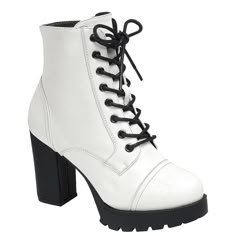 Spruce Up Your Look With These Adorable Block Heel Combat Boots New In Box Faux Leatherette Material Lightly Padded Insole Adjustable Laces Side Zipper For Easy Shoe Removal Fitting: True To Size. Regular Width. Trendy White High Heel Platform Boots, White Lace-up Chunky Platform Heels, Trendy White High Heeled Platform Boots, White Ankle-high Platform Boots For Fall, White Chunky Platform Winter Boots, White Lace-up Platform Boots With Chunky Platform, White High Ankle Platform Combat Boots, White Chunky Platform Boots For Winter, Trendy White Ankle Lace-up Boots