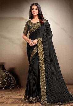 Buy Indian Wedding Party Wear Saree Black satin silk saree with blouse 354D online in USA, UK and Canada from KollyBollyEthnics.com Black Saree Styling, Wedding Wear Pakistani, Indian Wedding Party, Saree Black, Saree Styling, Satin Silk Saree, Indian Wedding Sarees, Long Tunic Dress