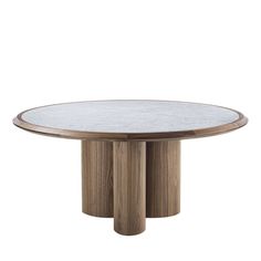 a round marble table with two wooden pillars on each side and a circular glass top