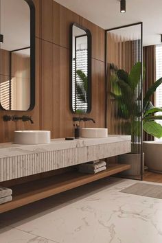 a bathroom with two sinks, mirrors and plants in the corner on the counter top