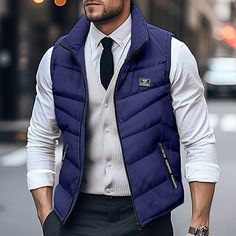 Season:Winter; Fabric:95% Cotton; Look After Me:Wet and Dry Cleaning,Washable; Gender:Men's; Occasion:Weekend,Office  Career,Casual Daily,Date; Function:Casual,Outdoor,Sports; Pattern:Plain; Design:Pocket; Neckline:Lapel; Outerwear Type:Quilted Vest,Winter Coat; Front page:FF; Listing Date:09/26/2023; Bust:; Length:; Shoulder Width: Sporty Vest Outerwear For Fall, Sporty Winter Vest Outerwear, Fitted Winter Vest For Outdoor Activities, Fitted Nylon Vest Outerwear, Fitted Winter Vest With Zipper Closure, Casual Winter Vest Outerwear, Nylon Winter Vest Outerwear, Winter Nylon Vest Outerwear, Winter Nylon Vest With Zipper Closure