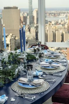 A Modern Hanukkah Table Setting by Kim Seybert Hanukkah Table Setting, Blue Kitchen Tables, Blue Place Settings, Entertaining Table Settings, Blue Table Settings, Hanukkah Decor, Beaded Napkin Rings, Chanukah Decor, Hanukkah Decorations