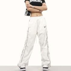 5ft 4''(163cm) tall, 97 lbs(44kg) weight and wearing a size M - Wide straight fit- Striped- Track style- 2 colors White Track Pants, Galaxy Stuff, Track Pants, Track, Outfit Inspo, Pants, Closet, How To Wear, White