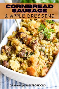 Cornbread Sausage and Apple Dressing is a "must-have" when it comes to Thanksgiving recipes to add to the tradition. It is a hearty side dish that is simple to cook ahead and reheat. https://www.eatpork.org/cornbread-sausage-apple-dressing/ Crockpot Dressing, Christmas Dressing, Holiday Entertaining Food, Gluten Free Stuffing, Thanksgiving Dressing, Slow Cooker Ham, Fall And Thanksgiving