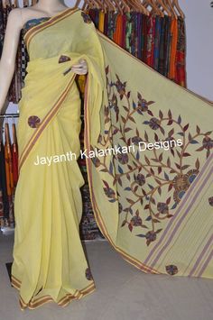 Handloom cotton pen kalamkari applique work saree Transitional Semi-stitched Kalamkari Saree, Kalamkari Applique Work Sarees, Luxury Kalamkari Print Pre-draped Saree For Puja, Luxury Kalamkari Print Saree, Mulmul Kalamkari Print Saree, Saree