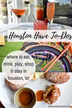 there is a white plate with donuts and drinks on it, along with the words houston have to - do list