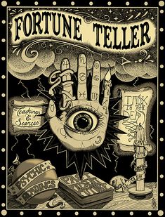 a poster for fortune teller featuring an all seeing hand