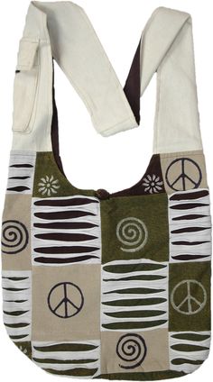 A statement hippie cross-body bag made up of canvas cotton fabric squares in olive green with peace, floral, and sun block prints.  The bag also features alternative razor cut details through cotton strips; the back is olive color dari fabric. #tlb #bohemianfashion #Handmade #BohemianBag #CrossBodyBag #Handmadehandbag Hippie Cotton Shoulder Bag For Travel, Green Cotton Patchwork Bag, Hippie Style Cotton Bags For Everyday, Hippie Cotton Shoulder Bag For Daily Use, Hippie Cotton Bags For Everyday Use, Bohemian Handbags, Crossbody Bag Pattern, Bohemian Bag, Sun Block