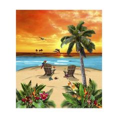 two chairs sitting on top of a sandy beach under a palm tree next to the ocean