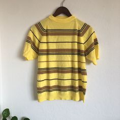 "Vintage Towncraft striped sweater short sleeve 60s mod atomic 1960s knit shirt yellow brown striped mock neck Kurt Cobain unisex stripe tee 38\" chest & 23\" length >> Please double check your measurements & compare to these listed below, for accurate sizing. Vintage often runs small, so don't rely on the tag size.  Tag reads: PENNEYS TOWNCRAFT M 100% acrylic   Measurements taken flat/unstretched : *Chest Width, armpit to armpit: approx 19\" (38\" chest/bust)  *Length, from top of shoulder/coll Striped Knit Sweater With Short Sleeves, Striped Knit Tops With Short Sleeves, Striped Knit Turtleneck Top, Striped Short Sleeve Fall T-shirt, Striped Short Sleeve T-shirt For Fall, Striped Short Sleeve Tops For Fall, Fall Striped Short Sleeve T-shirt, Retro Knit Short Sleeve Tops, Retro Short Sleeve Knit Tops