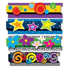 colorful paper with stars, circles and swirls on top of each other in different colors