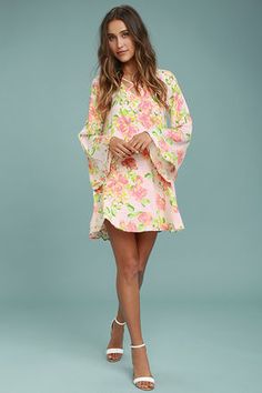 In High Spirits Blush Pink Floral Print Shift Dress 2 Spring Feminine A-line Dress, Feminine A-line Spring Dress, Chic Floral Mini Dress For Spring, Casual Spring Floral Dress For Party, Spring A-line Mini Dress For Garden Party, Long Sleeve Beach Dresses For Spring, Spring Brunch Mini Dress, Spring A-line Sundress, Spring Brunch Mini A-line Dress