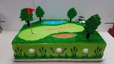 a golf themed birthday cake on a table