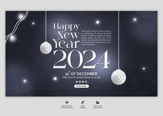 a black and white new year's card with balls hanging from the strings, on a dark background