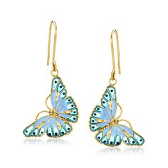 Ross-Simons - Italian Tonal Blue Enamel Butterfly Drop Earrings in 14kt Yellow Gold. Beautifully detailed with tonal blue and black enamel, our glorious butterfly drop earrings are a graceful sight in textured and polished 14kt yellow gold. Hanging length is 1 3/8". Made in Italy. Earwire, enamel butterfly drop earrings. Gold Animals, Italian Jewelry, Natural Gold, Station Necklace, Gold Butterfly, Affordable Gifts, Pretty Rings, Fine Jewellery Earrings, Gold Details