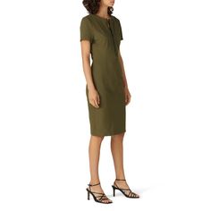 Green jacquard (100% Polyester). Sheath. Short sleeves. Crew neckline. Exposed front zipper closure. 39" from shoulder to hemline. Imported. Zip Front Dress, Rent The Runway, Closet Designs, Green Dress, Front Zipper, Crew Neckline, Tshirt Dress, Dresses For Work, Short Sleeve Dresses