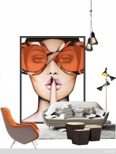 an image of a woman's face with glasses on it and a chair in the foreground