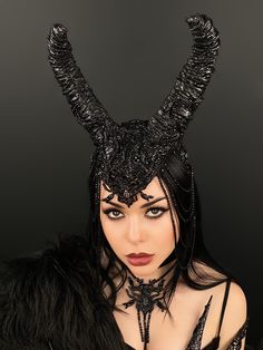 Horned Goddess, Goddess Cosplay, Maleficent Horns, Fairy Headpiece, Demon Queen, Devil Horns, Black Fairy, Queen Black, Crown Necklace