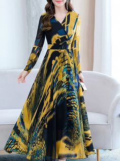 Multicolor V-neck Winter Dress, Casual Maxi Dress With Surplice Neckline For Fall, Multicolor Non-stretch V-neck Maxi Dress, Multicolor V-neck Maxi Dress For Fall, Maxi Dresses With Sleeves, Ankle Skirt, Maxi Dress Sale, Style Japonais, Dress Stores Online