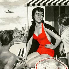 a woman in a red bathing suit sitting next to two boys