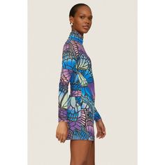 Purple printed mesh (95% Polyester, 5% Spandex). Sheath. Long sleeves. Turtleneck. Pull on. 34.5" from shoulder to hemline. Imported. Multicolor Graphic Print Mini Dress With Long Sleeves, Luxury Multicolor Printed Mini Dress, Butterfly Print Dress, Spring V-neck Mini Dress With Abstract Print, Multicolor Long-sleeve Mini Dress With Graphic Print, Spring Mini Dress With Abstract Print And V-neck, Purple Mini Dresses, Rent The Runway, Closet Designs