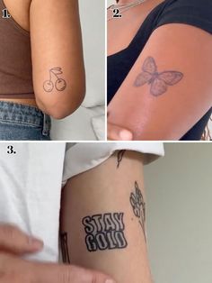 four pictures showing different types of tattoos on women's arms