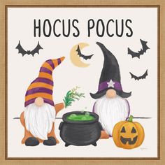 two gnomes with pumpkins and caulders on the ground in front of a sign that says hoccus pocus