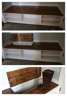 three pictures of the same furniture in different stages of being painted white and stained brown