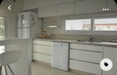 a kitchen with white cabinets and counter tops next to an open door leading to a patio