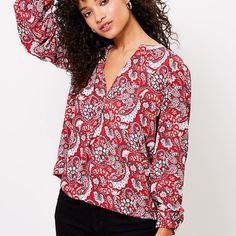 From Its Flattering Split Neck To Its Flowy Blouson Sleeves, This Top Is A Touch Of Romance For Any Outfit, Any Day. Split Neck. Long Sleeves. Color: Crimson Red Flowy Fit Fluid Woven Hits At Waist 24 1/2" Long 100% Polyester Machine Washable Chic V-neck Tops With Paisley Print, Chic V-neck Paisley Print Tops, Red Long Sleeve Blouse With Paisley Print, Red Bohemian Tops With Paisley Print, Red Bohemian Paisley Print Tops, Red V-neck Blouse With Paisley Print, Casual Red Tops With Paisley Print, Casual Red Paisley Print Top, Green Sleeveless Blouse