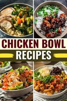 the chicken bowl is filled with rice, vegetables and other foods to make it look delicious