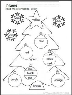 a christmas tree worksheet with the words name and colors on it, in black and