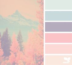 there is a color palette with trees and mountains in the background, along with pastel colors