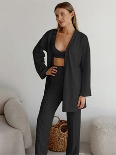 women wear a black color Loose Striped Long Pants Pajama Robe Set Comfortable Lounging Sets For Winter, Relaxed Fit Loungewear Sets For Winter, Winter Loungewear Set With Relaxed Fit, Comfortable Lounge Sets For Fall, Comfortable Sets For Lounging In Fall, Comfortable Lounging Sets For Fall, Cozy Loungewear Sets For Fall, Comfortable Long Sleeve Lounging Sets, Black Cozy Sleepwear For Loungewear