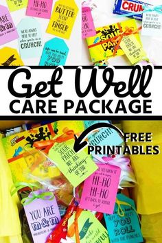 the words get well care package are shown in black and white, with colorful tags on them