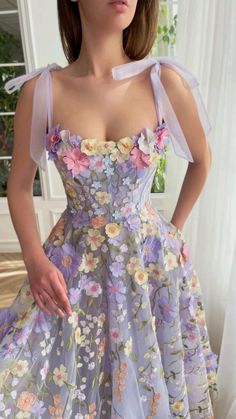 Teuta Matoshi Floral Dress, Floral Tulle Dress Short, Tea Length Floral Dress, Butterfly Dress Ideas, Princess Dress Inspiration, Fairytale Wedding Guest Dress, 50s Style Prom Dress, Feminine Style 2023, Pastel Floral Wedding Dress