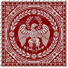 a red and white cross stitch pattern with an eagle in the center, surrounded by flowers