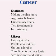 Cancer zodiac likes and dislikes Zodiac Signs Likes And Dislikes, Khadija Core, Kip Winger, Horoscopes Signs, Journal Activities, Star Sign Art, Horoscope Quotes, Birth Signs