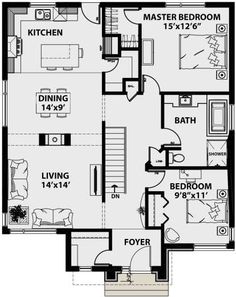 the floor plan for a two bedroom apartment with an attached kitchen and living room area