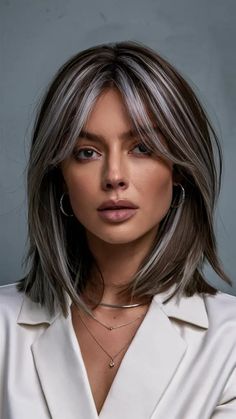 Discover the hottest hair color trends for 2025, from bold hues like Electric Blue Balayage to soft shades like Golden Brown with Peach Highlights. Whether you're looking for brunette, blonde, or creative color ideas, these 33 stunning looks are perfect for every hair length and style! Blonde To Grey Transition Short Hair, Mushroom Brown Medium Length Hair, Short Ash Hair, Brown Hair With Beige Highlights, Brown To Grey Hair Transformation, Short Ashy Brown Hair, Brunette To Gray Hair Transition, Cool Toned Highlights Brunettes, Gray With Brown Undertones