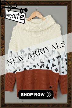 Apricot Turtleneck Splicing Chunky Knit Pullover Sweater White Acrylic Color Block Sweater, Patchwork Turtleneck Sweater For Fall, Fall Patchwork Turtleneck Sweater, Cozy Patchwork Sweater For Layering, Brown Sweater With Contrast Color For Winter, Brown Contrast Color Sweater For Winter, White Knit Sweater With Contrast Color, Oversized Contrast Color Sweater For Fall, Cozy Fall Sweater With Contrast Color