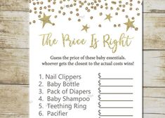 the price is right baby shower game with gold stars and confetti on it