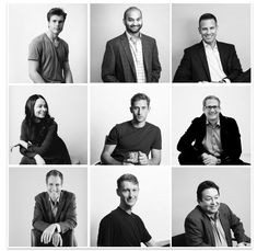 six black and white photos of people in business attire, all smiling at the camera