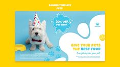 a white dog wearing a party hat on top of a blue and yellow postcard